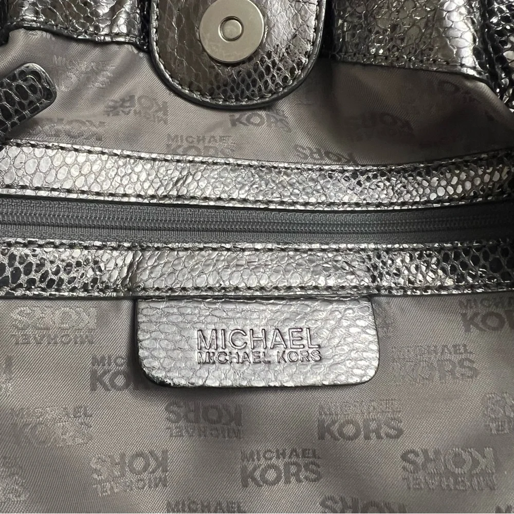 Michael Michael Kors Newbury satchel snake embossed  leather pewter silver